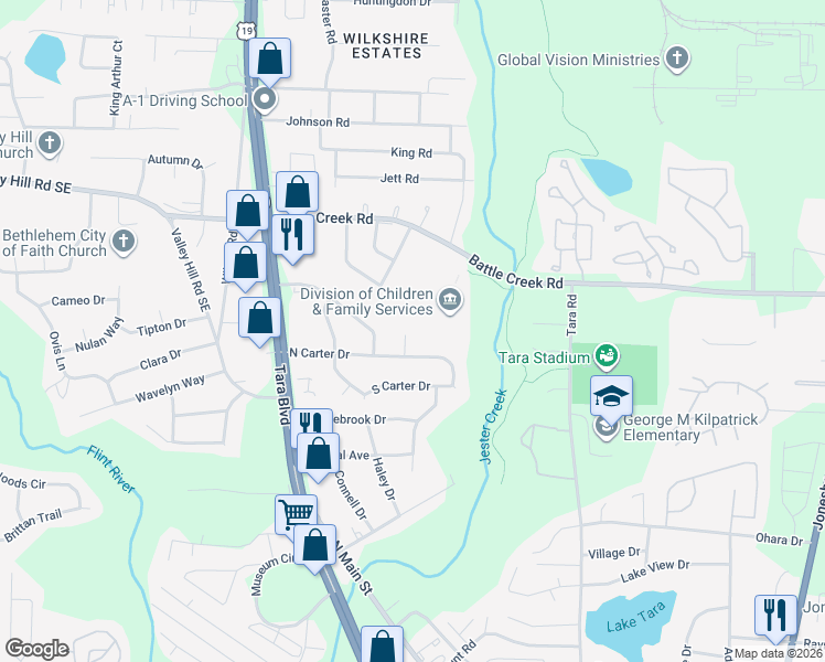 map of restaurants, bars, coffee shops, grocery stores, and more near 7422 Carter Court in Jonesboro