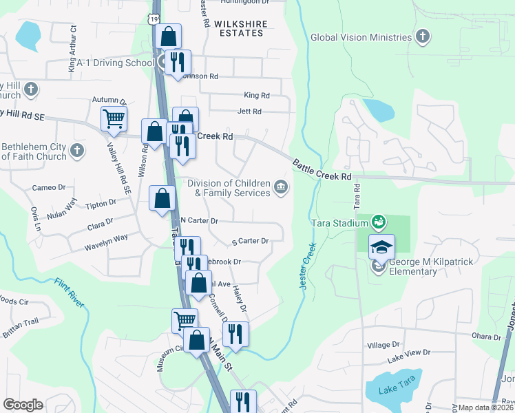map of restaurants, bars, coffee shops, grocery stores, and more near 7422 Carter Court in Jonesboro