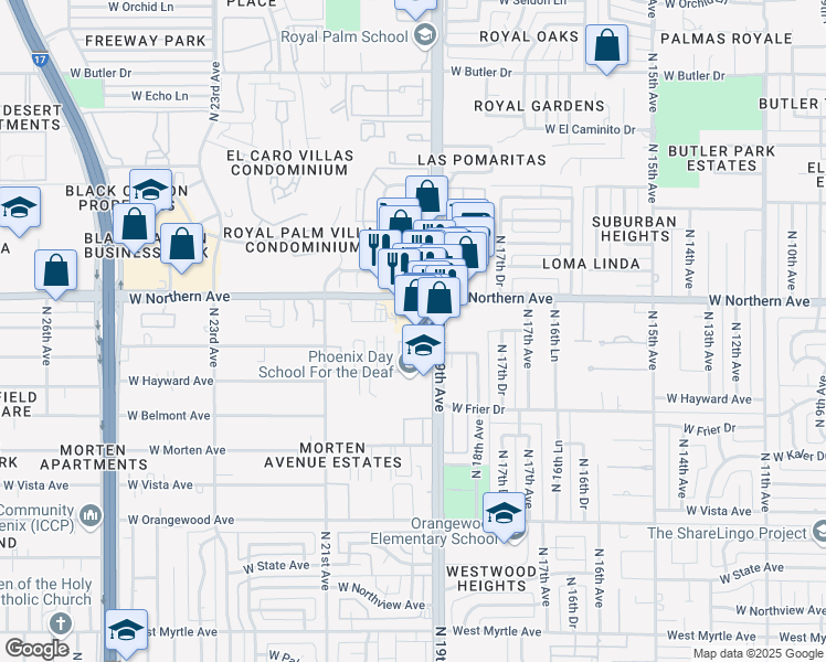 map of restaurants, bars, coffee shops, grocery stores, and more near 7782 North 19th Drive in Phoenix