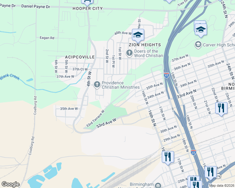 map of restaurants, bars, coffee shops, grocery stores, and more near 1406 36th Avenue North in Birmingham