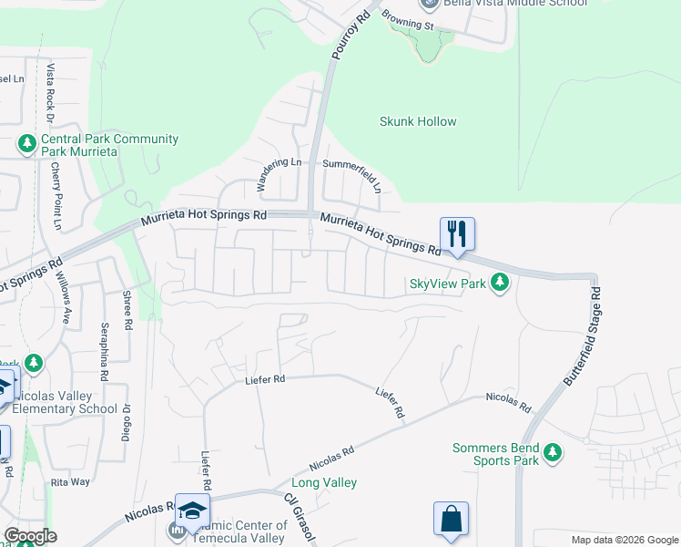 map of restaurants, bars, coffee shops, grocery stores, and more near 39151 Trail Creek Lane in Temecula