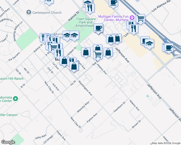 map of restaurants, bars, coffee shops, grocery stores, and more near 41850 Ivy Street in Murrieta
