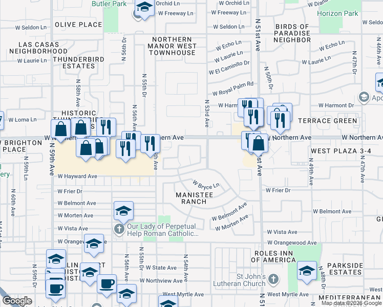 map of restaurants, bars, coffee shops, grocery stores, and more near 7883 North 54th Avenue in Glendale
