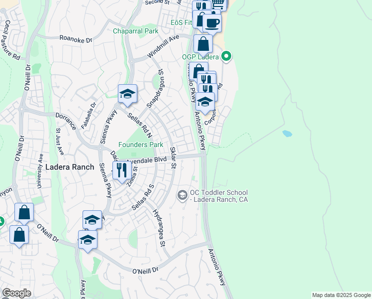 map of restaurants, bars, coffee shops, grocery stores, and more near 5 Amy Way in Ladera Ranch
