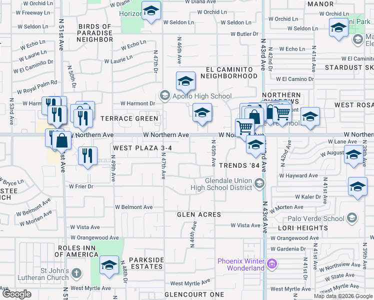 map of restaurants, bars, coffee shops, grocery stores, and more near 4606 West Augusta Avenue in Glendale