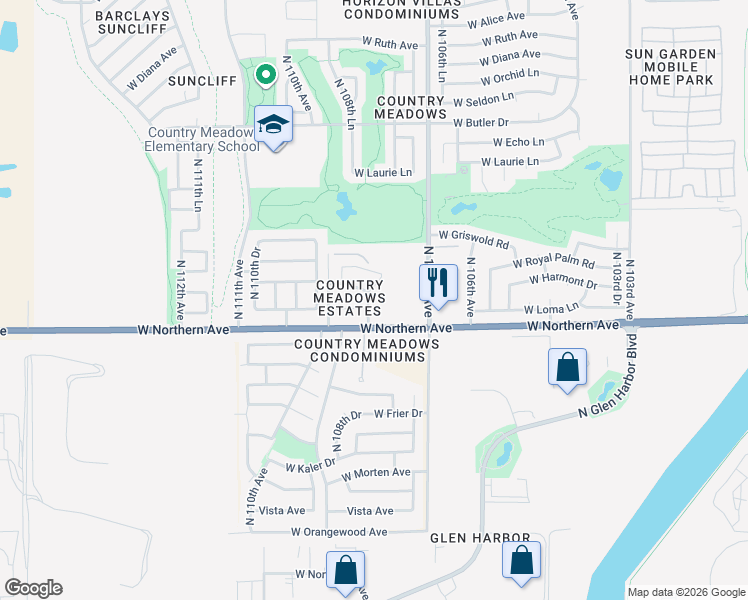 map of restaurants, bars, coffee shops, grocery stores, and more near 8071 North 108th Drive in Peoria