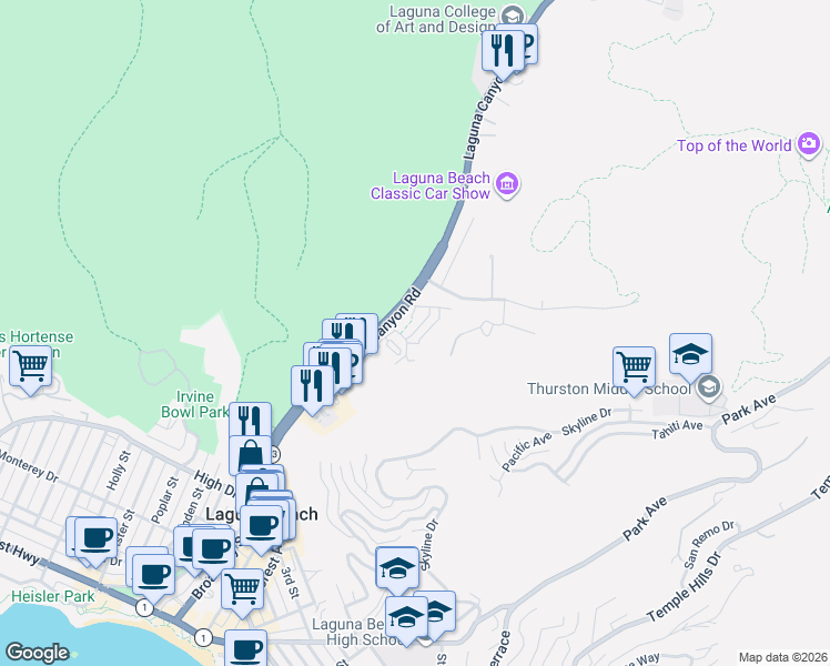 map of restaurants, bars, coffee shops, grocery stores, and more near 1243 Victory Walk in Laguna Beach