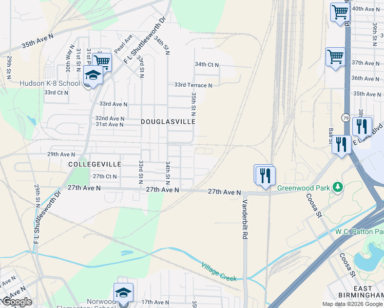 map of restaurants, bars, coffee shops, grocery stores, and more near 3440 29th Avenue North in Birmingham