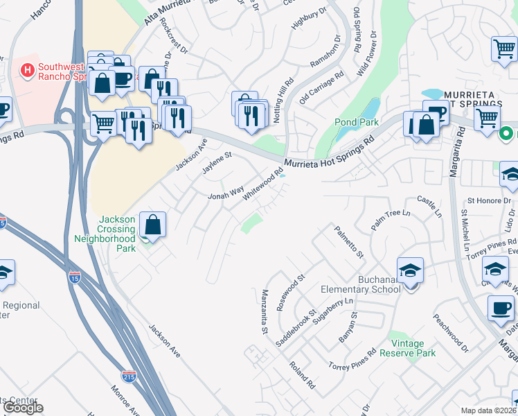 map of restaurants, bars, coffee shops, grocery stores, and more near 40033 Calle Real in Murrieta