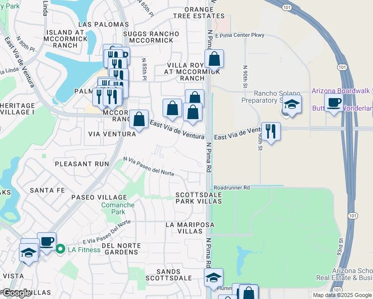 map of restaurants, bars, coffee shops, grocery stores, and more near 8722 East Vía De Commercio in Scottsdale