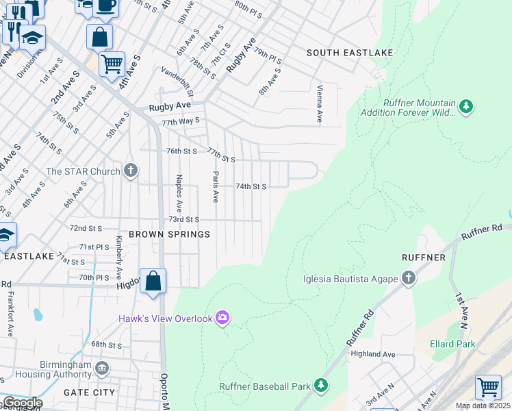 map of restaurants, bars, coffee shops, grocery stores, and more near 7321 Rome Avenue in Birmingham