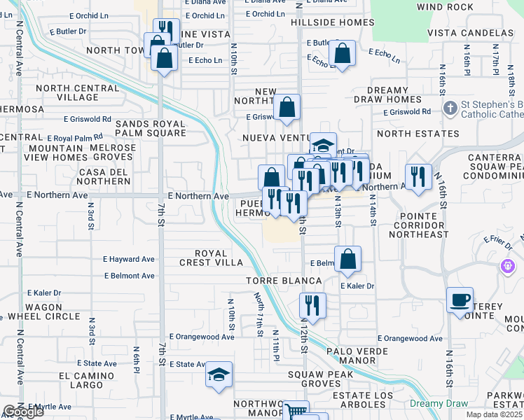 map of restaurants, bars, coffee shops, grocery stores, and more near 1062 East Pueblo Road in Phoenix