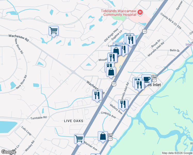 map of restaurants, bars, coffee shops, grocery stores, and more near 815 Planters Trace Loop in Murrells Inlet