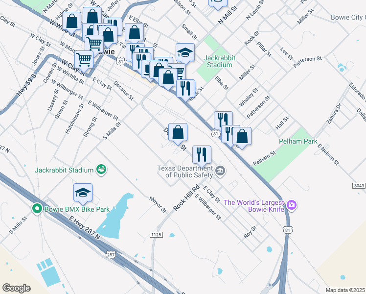 map of restaurants, bars, coffee shops, grocery stores, and more near Farm to Market Road 1125 in Bowie