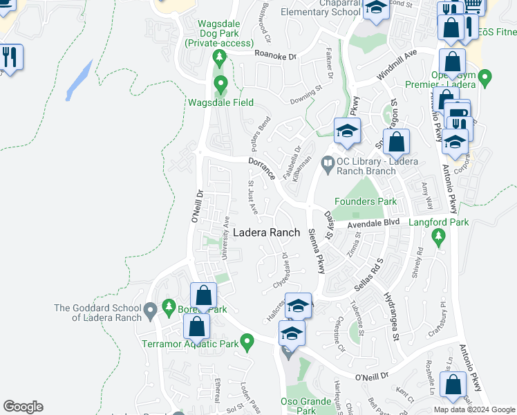 map of restaurants, bars, coffee shops, grocery stores, and more near 32 Saint Just Avenue in Ladera Ranch