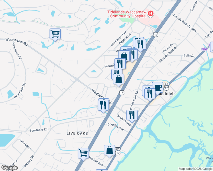 map of restaurants, bars, coffee shops, grocery stores, and more near 815 Planters Trace Loop in Murrells Inlet