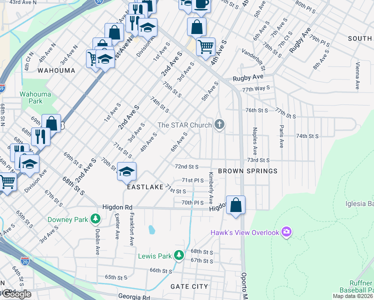 map of restaurants, bars, coffee shops, grocery stores, and more near 7301 6th Avenue South in Birmingham