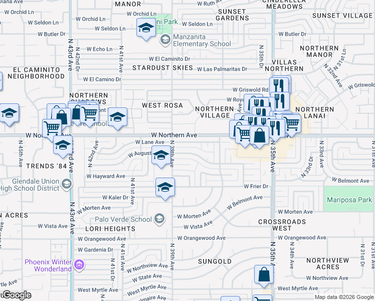 map of restaurants, bars, coffee shops, grocery stores, and more near 3820 West Augusta Avenue in Phoenix
