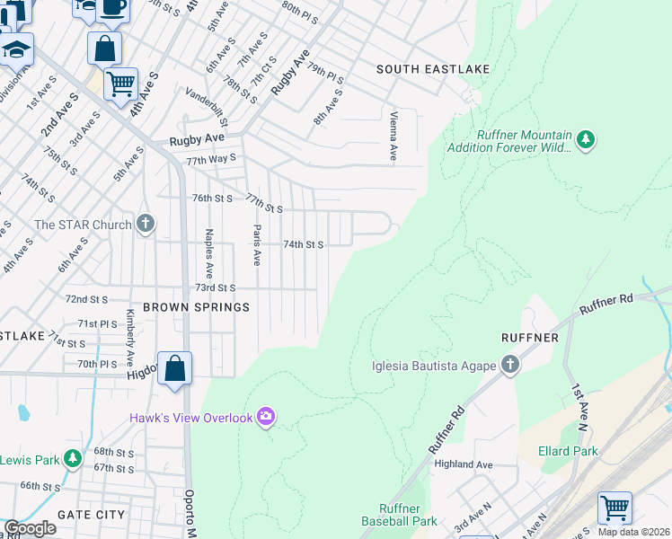 map of restaurants, bars, coffee shops, grocery stores, and more near 7321 Sparta Avenue in Birmingham