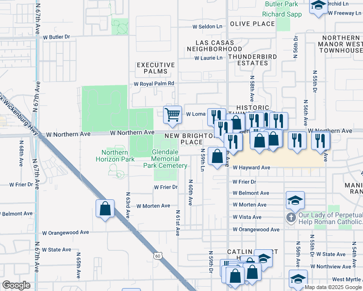 map of restaurants, bars, coffee shops, grocery stores, and more near 7903 North 61st Avenue in Glendale