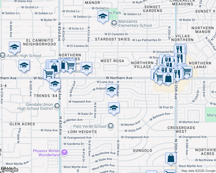 map of restaurants, bars, coffee shops, grocery stores, and more near 3936 West Augusta Avenue in Phoenix