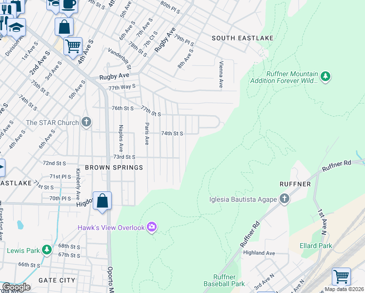 map of restaurants, bars, coffee shops, grocery stores, and more near 7321 Sparta Avenue in Birmingham