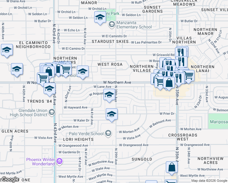 map of restaurants, bars, coffee shops, grocery stores, and more near 3902 West Augusta Avenue in Phoenix