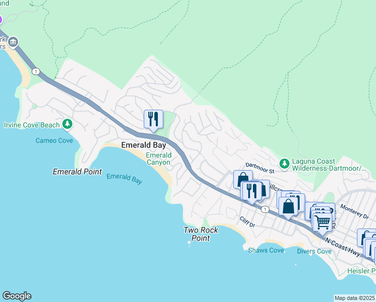 map of restaurants, bars, coffee shops, grocery stores, and more near 225 Emerald Bay in Laguna Beach