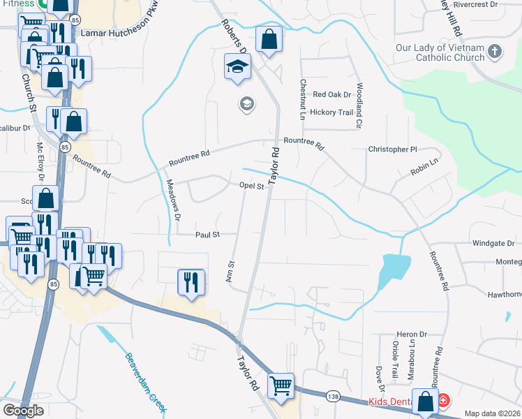 map of restaurants, bars, coffee shops, grocery stores, and more near 7429 Taylor Road in Riverdale
