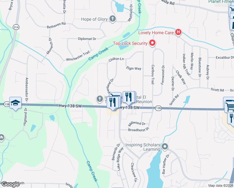 map of restaurants, bars, coffee shops, grocery stores, and more near 7458 Penland Drive in Riverdale