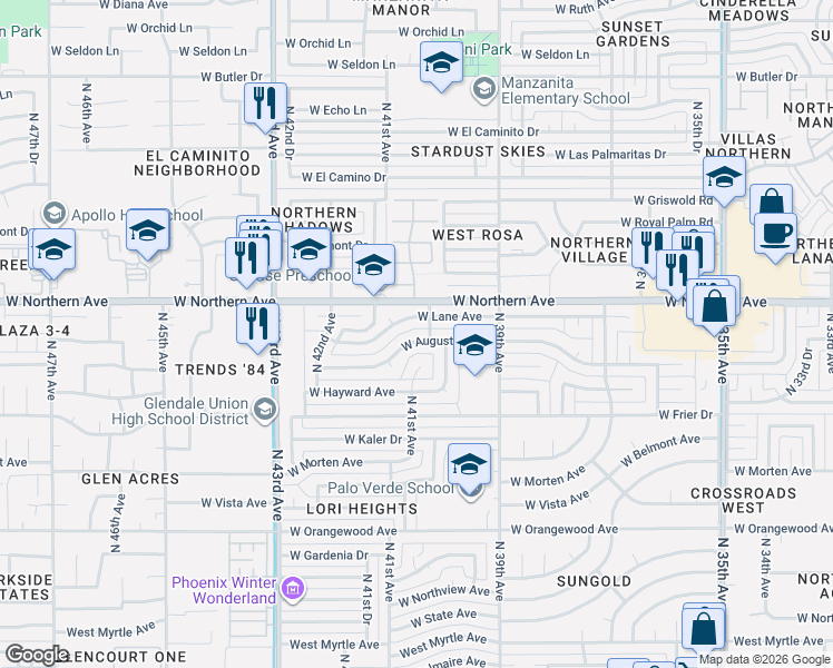 map of restaurants, bars, coffee shops, grocery stores, and more near 4028 West Augusta Avenue in Phoenix