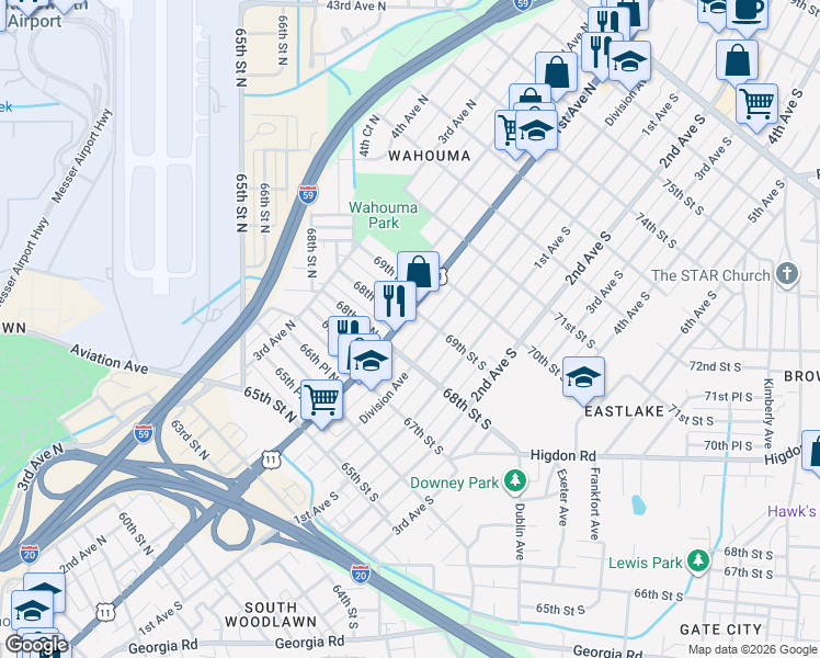 map of restaurants, bars, coffee shops, grocery stores, and more near 6821 1st Avenue North in Birmingham