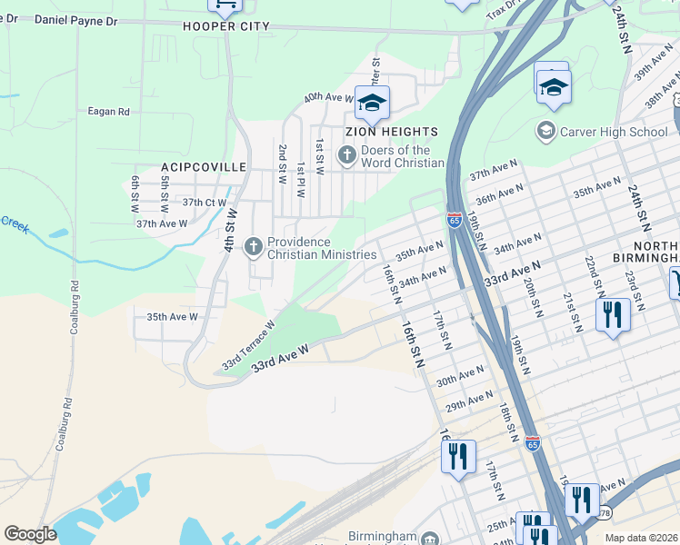 map of restaurants, bars, coffee shops, grocery stores, and more near 1425 36th Avenue North in Birmingham