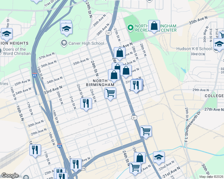 map of restaurants, bars, coffee shops, grocery stores, and more near 2429 31st Avenue North in Birmingham
