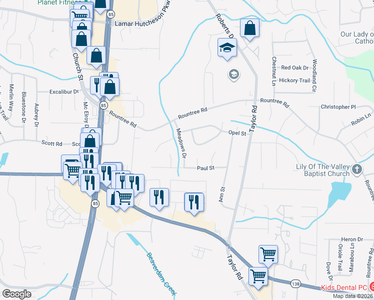 map of restaurants, bars, coffee shops, grocery stores, and more near 7438 Meadows Drive in Riverdale