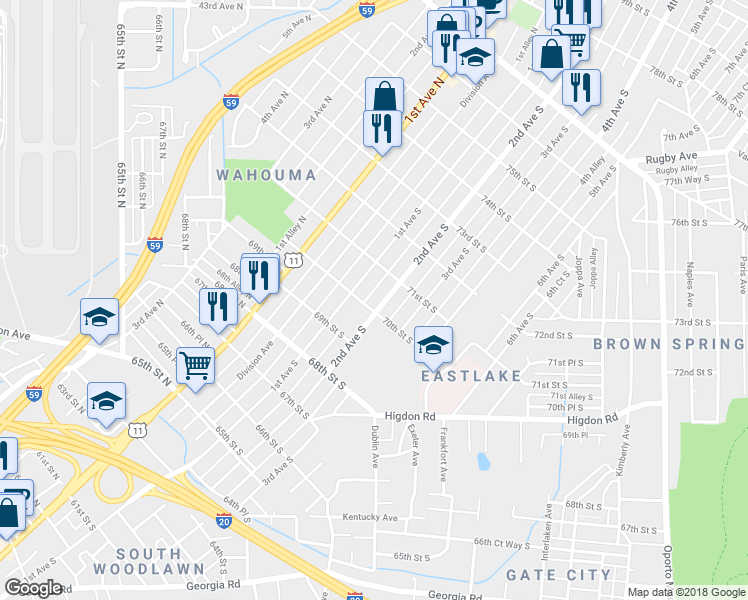 map of restaurants, bars, coffee shops, grocery stores, and more near 7004 2nd Avenue South in Birmingham