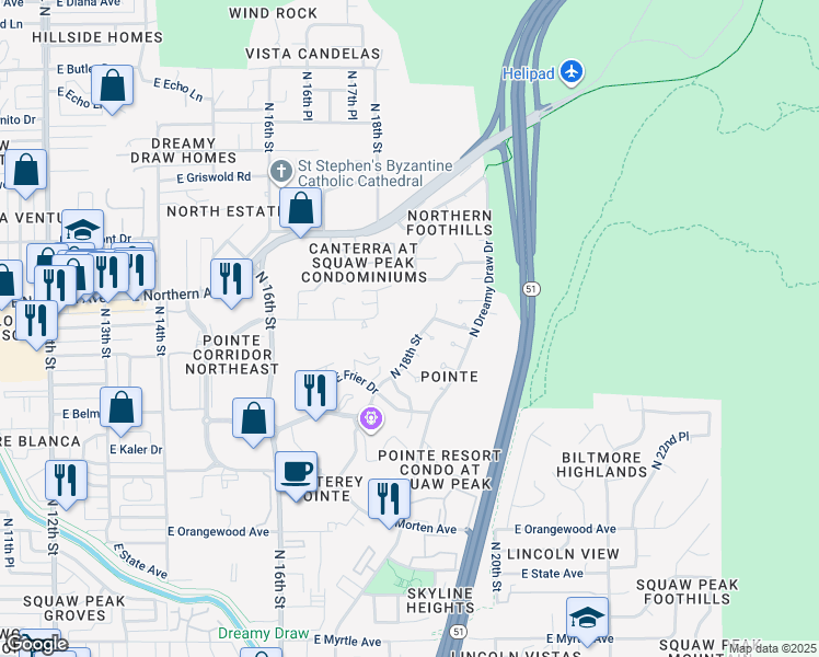 map of restaurants, bars, coffee shops, grocery stores, and more near 7649 N Dreamy Draw Dr in Phoenix