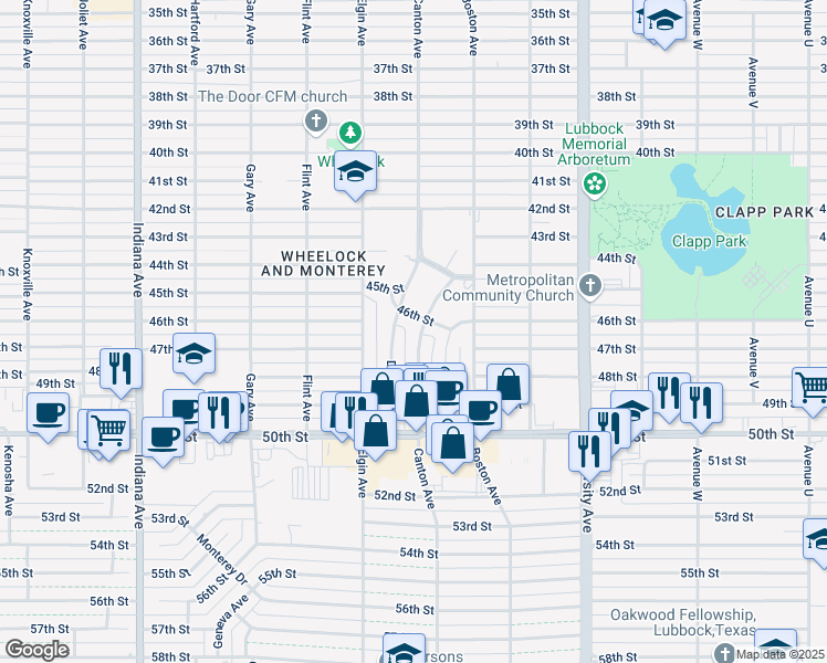 map of restaurants, bars, coffee shops, grocery stores, and more near 4604 Canton Avenue in Lubbock