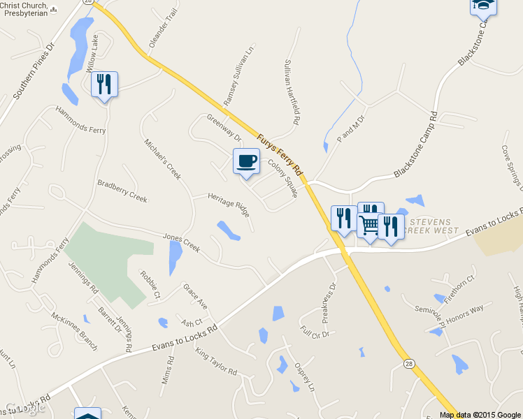 map of restaurants, bars, coffee shops, grocery stores, and more near 4273 Colony Square in Evans