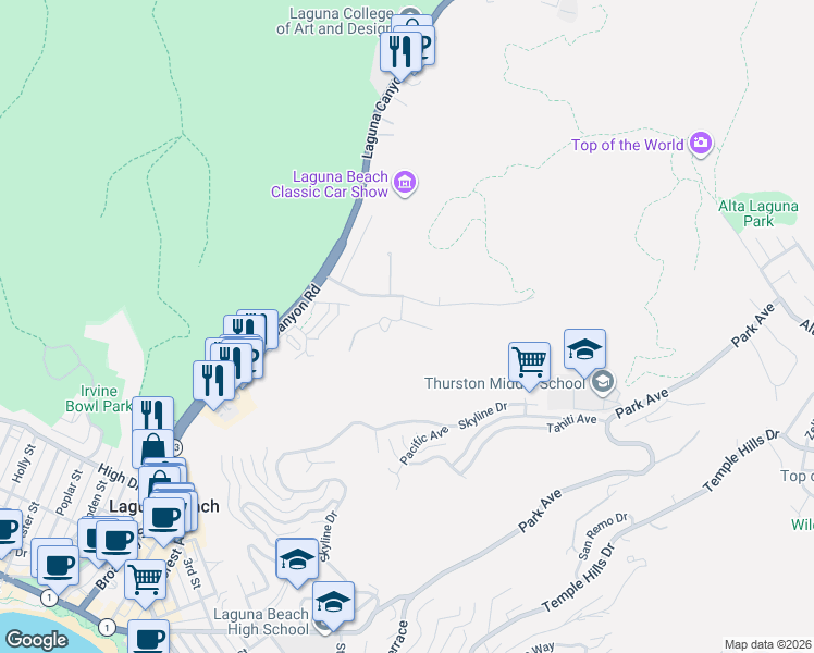 map of restaurants, bars, coffee shops, grocery stores, and more near 317 Lewis Lane in Laguna Beach