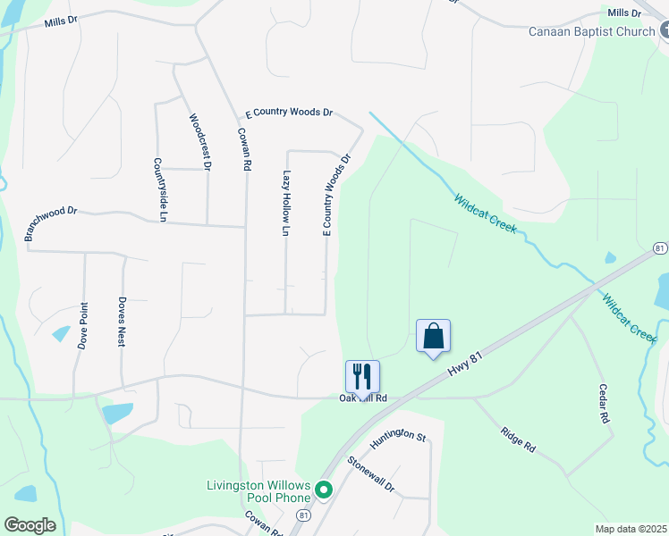 map of restaurants, bars, coffee shops, grocery stores, and more near 180 East Country Woods Drive in Covington
