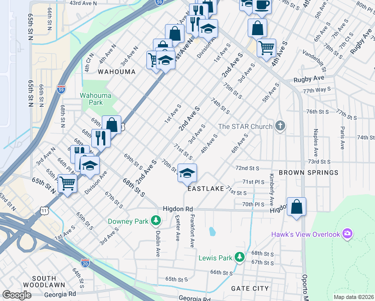 map of restaurants, bars, coffee shops, grocery stores, and more near 7103 3rd Avenue South in Birmingham