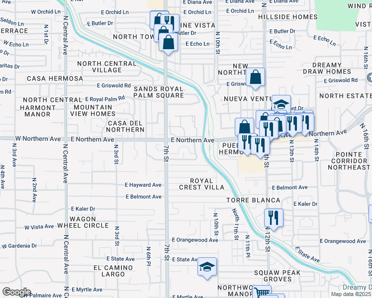 map of restaurants, bars, coffee shops, grocery stores, and more near 7823 North 7th Place in Phoenix