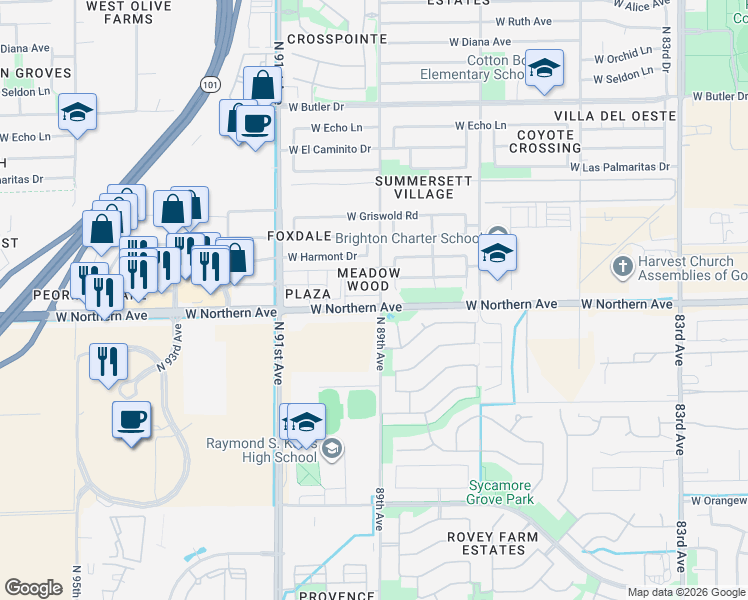 map of restaurants, bars, coffee shops, grocery stores, and more near 8907 West Desert Jewel Drive in Peoria