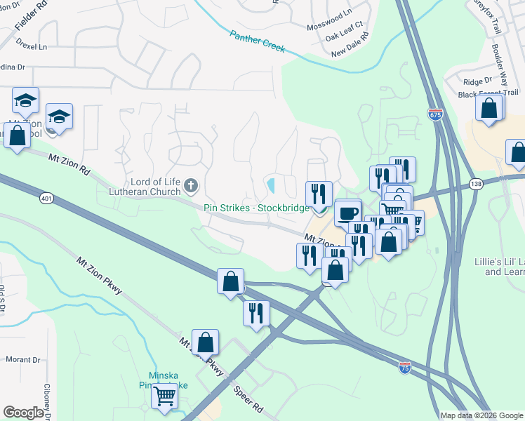 map of restaurants, bars, coffee shops, grocery stores, and more near 7451 Pine Brook Road in Stockbridge