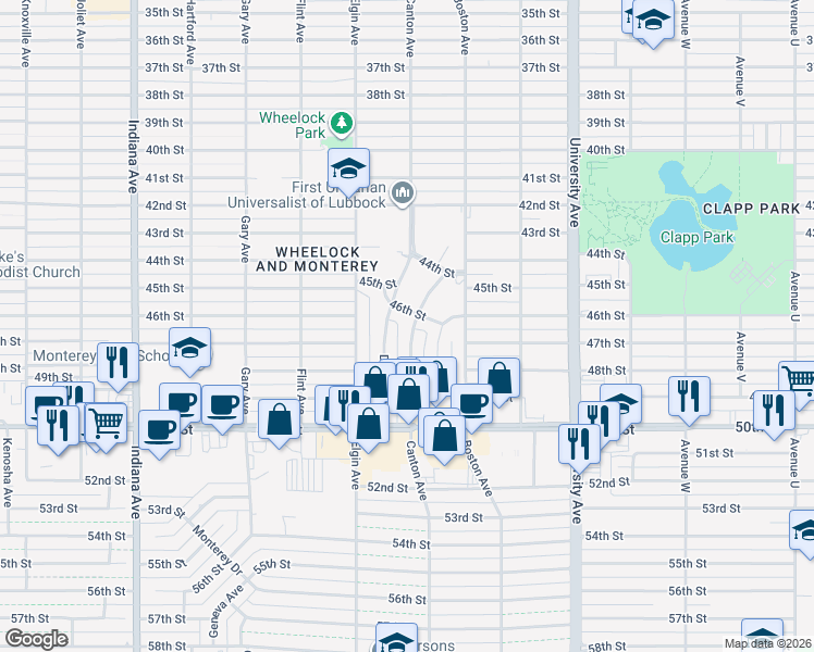 map of restaurants, bars, coffee shops, grocery stores, and more near 4604 Canton Avenue in Lubbock