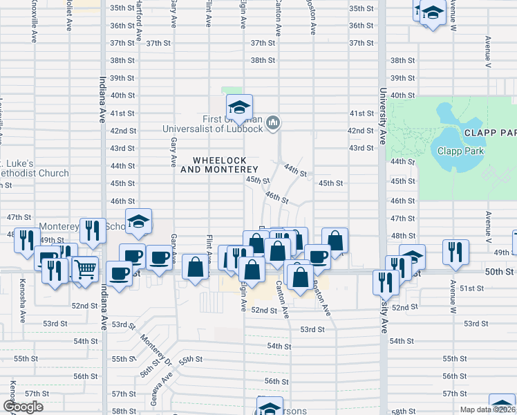 map of restaurants, bars, coffee shops, grocery stores, and more near 4610 Detroit Avenue in Lubbock