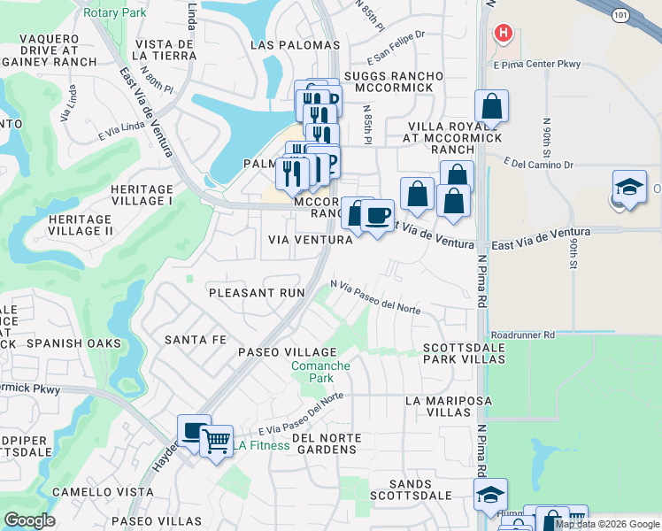 map of restaurants, bars, coffee shops, grocery stores, and more near 7825 North Vía Del Sol in Scottsdale