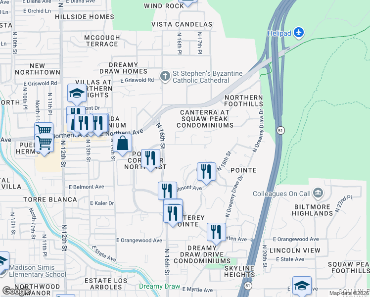 map of restaurants, bars, coffee shops, grocery stores, and more near 7887 North 16th Street in Phoenix