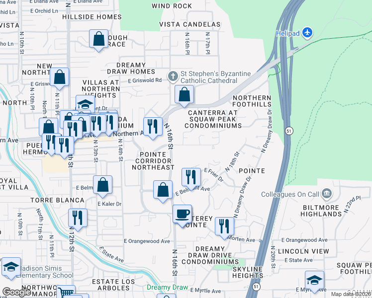 map of restaurants, bars, coffee shops, grocery stores, and more near 7887 North 16th Street in Phoenix